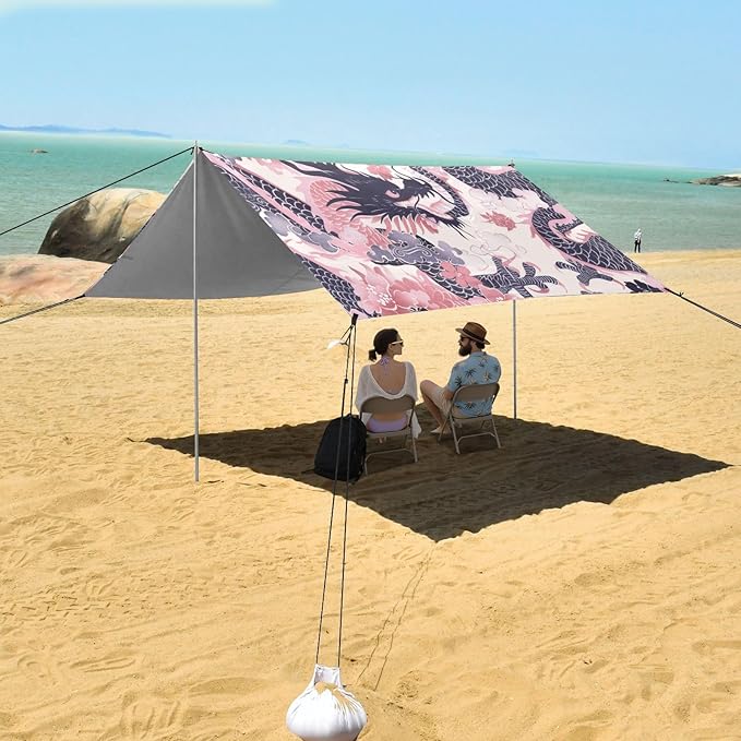Pink Japanese Dragon Beach Tent Sun Shelter 9.2' x 10.5' Beach Canopy with 4 Sandbags 4 Stability Poles Sand Shovels - Tent Canopy for Beach Camping Fishing Picnics