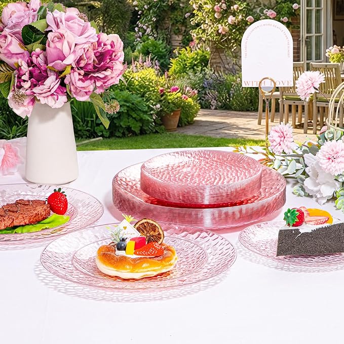 Rubtlamp 60PCS Pink Plastic Plates Disposable Pink Easter Plates with Hammered Design Heavy Duty Plastic Platos Fancy Party Platos Include 30 Dessert Plate &amp 30 Dinner Plate for Bridal Wedding