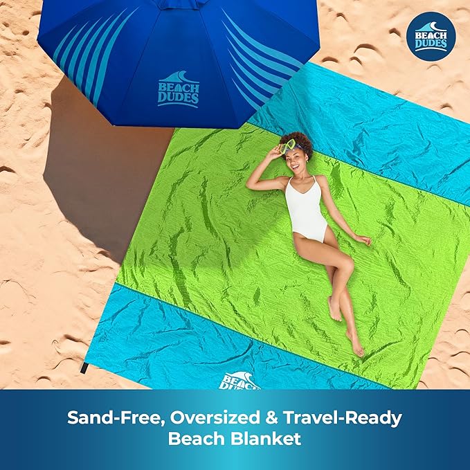 Green Spirit Oversized Beach Blanket - 108x84 XL Sandproof Water-Resistant Picnic Mat | Lightweight Ripstop Nylon for Travel &amp Camping | Includes 4 Stakes and Carry Bag