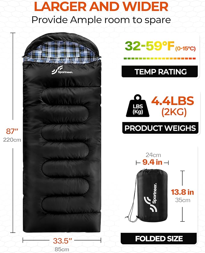 Sportneer 0 Degree Sleeping Bag for Cold Weather XL Winter Sleeping Bag for Adults Flannel Lined Camping Sleeping Bag 32°F–59°F Rated 87 x 33.5 4.4 lbs Detachable Hood Compression Sack
