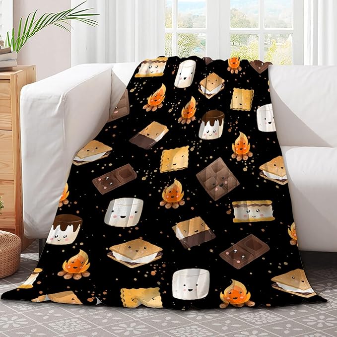 Cute S'Mores Blanket | Ultra Soft Marshmallow Cookie Throw Blanket Gifts for Boys Girls | Roasted Marshmallows Blanket Decor for Couch/Sofa/Travel/Camping All Seasons -50x60-Teens/Travel Size