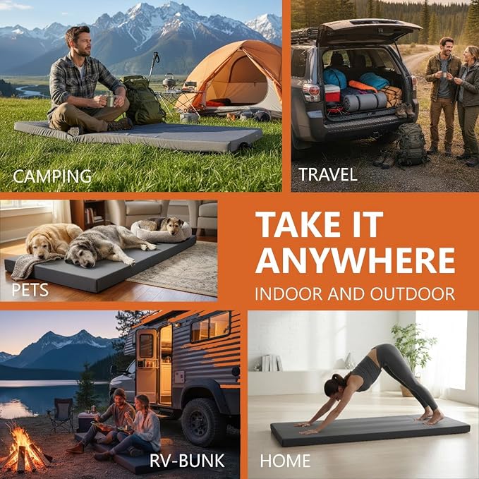 Waterproof Multi-Purpose Camping Mattress (26x72/30x75/38x75) Roll-Up Pad with Non-Slip Bottom Washable Zipper Cover – Medium-Firm CertiPUR Foam for Tent Floor RV Bunk or Guest Use