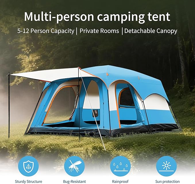 Large Family Standing Upright Camping Tent - 5-12 Persons Multi-Room Waterproof Tent with Screened Porch - Glamping Tent for Outdoor Camping &amp Family Vacation