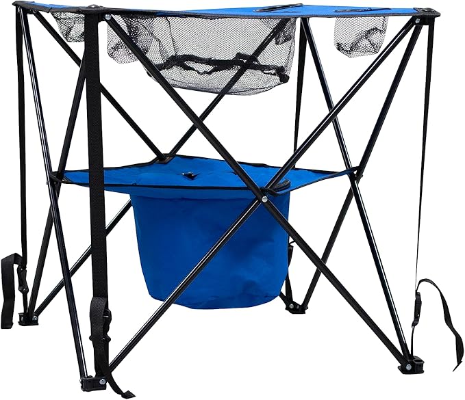 Collapsible Folding Camping Table with Insulated Cooler Cup Holder Mesh Food Basket &amp Travel Bag Blue