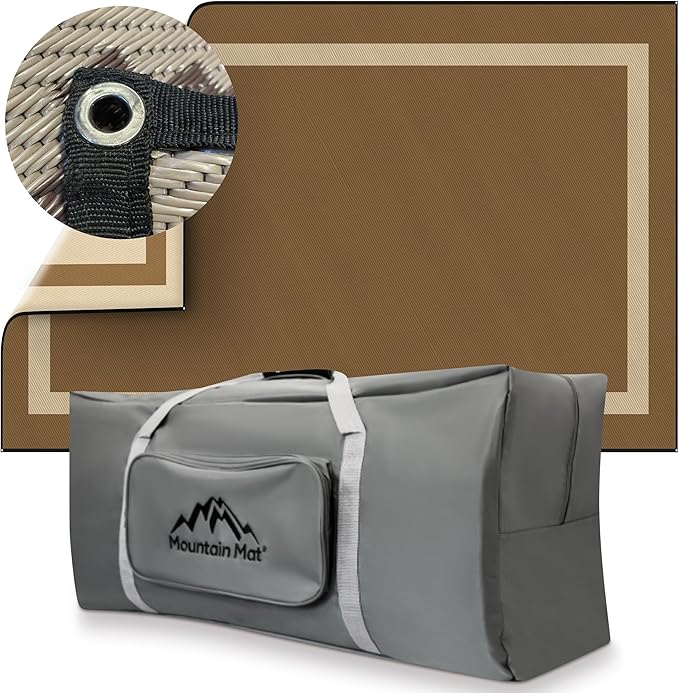 Mountain Mat 8x16 Brown Outdoor RV Mat with Carry Bag – Extra Thick 5mm Recycled Poly Rug – Waterproof Reversible Heavy-Duty – Premium Mat for Campsites Patios Decks (8' x 16' Brown Solid)