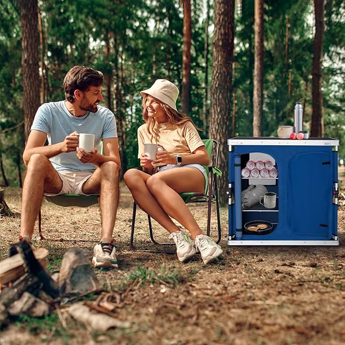 EAGLE PEAK Double Folding Camping Table with Storage Organizer and Side Pockets Portable Outdoor Portable Camping Table for BBQ Picnic and Tailgating Carry Bag Included Blue