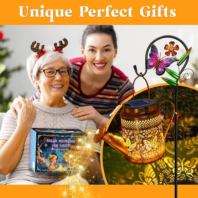 Solar Watering Can Lights Butterfly Hanging Lantern Solar Lights Outdoor Waterproof Garden Decor Outside Patio Yard Pathway Backyard Gardening Gifts for Mom Grandma Women Birthday Mother's Day