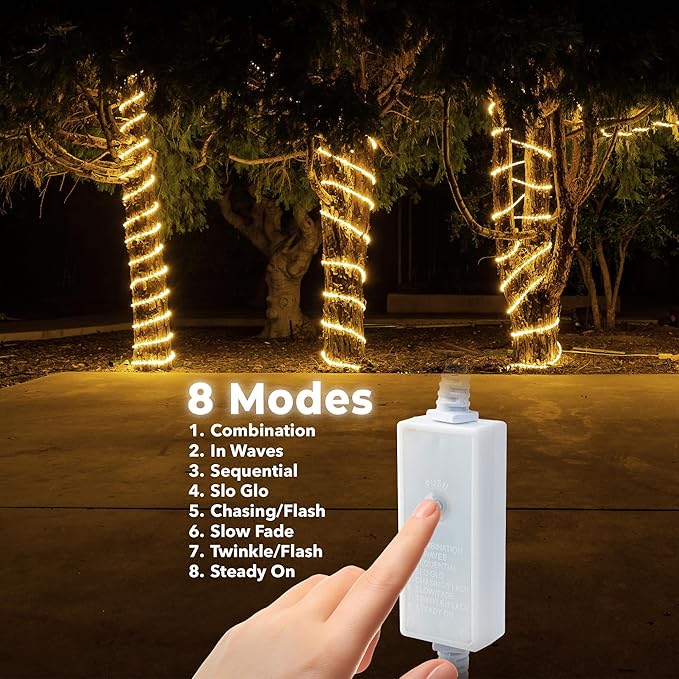 WYZworks 2190LEDs 25ft LED 3/8” Warm White Rope Light w/ 8 Mode Controller Flickering Fading Pulsing Outdoor Waterproof Extendable PVC Tube ETL Certified Holiday Accent Lighting Backyard Patio