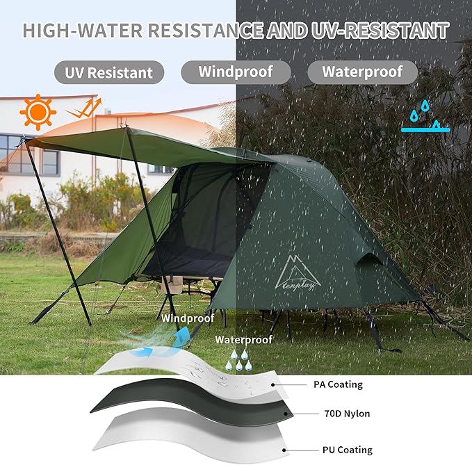 TENPLAY Cot TentCamping TentBackpacking Tent3 Way TentSolo Tent1 PersonQuick Setup70D Nylonpu5000mmUV Cut7001 AluminiumUltralightCompactOuterdoorHikingTravelMountaineering