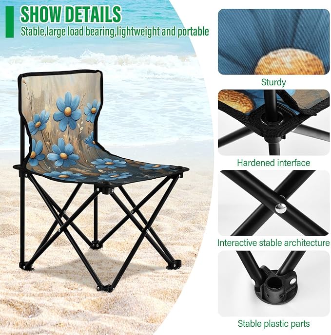 Chic Blue Daisies Flowes Oil Painting Folding Portable Beach Chairs for Traveling Ultralight Compact Folding Chair with Carrying Bag Ice Fishing Chairs for Adults for Hiking Sports