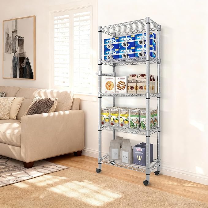 61-Inch Metal Storage Rack with Wheels 5-Tier Adjustable Wire Mesh Rack with Side Handles 24-Inch Wide Heavy-Duty Rolling Shelving Unit Easy to Assemble for Kitchens and Home Garages Silver