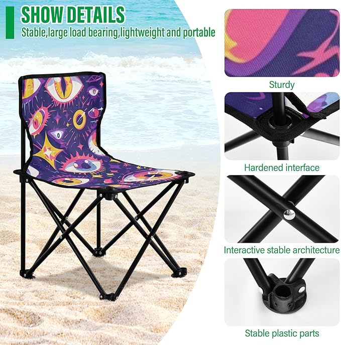 Cartoon Mystery Purple Eyes Folding Foldable Chairs Indoor Lightweight Beach Chair Backpack with Carrying Bag Lawn Chairs for Adults Heavy Duty for Hiking Lawn