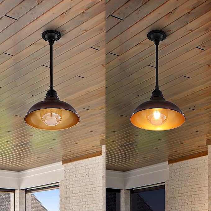 JONATHAN Y 12.25 Wood Finish/Copper Farmhouse Indoor/Outdoor LED Pendant Iron Hanging Light and Black 1-Light Metal Shade Rustic Ceiling Lamp for Kitchen Island LED Bulb Included (JYL7611G)