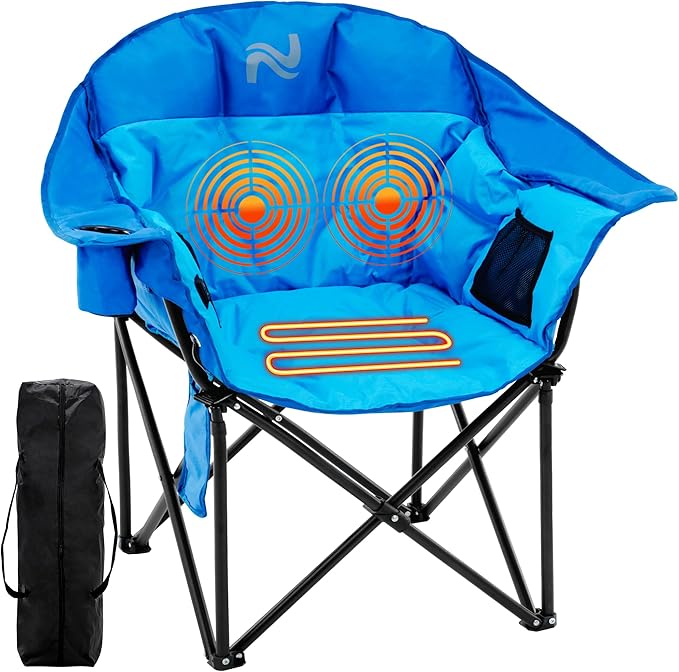 Slsy Oversized Heated Massage Camping Chair with Armrests Portable Padded Folding Chair Heavy-Duty 500 lbs Support for Camping Tailgating &amp Outdoor Relaxation (Marine Blue)