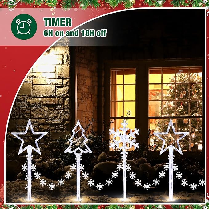 12 Pack Outdoor Snowflake Walkway Lights Plug in Christmas Pathway Lights 8 Modes Xmas Waterproof LED Garden Stake Light for Walkway Porch Yard Lawn (Cool White)