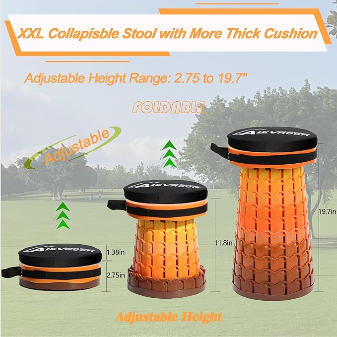 ALEVMOOM Upgraded XXL Collapsilbe Stool with CushionMore Sturdy and Height 19.7D11.8Portable and Lightweight Adjustable Chair Telescoping Stool for Camping Hiking BBQ Max Loading 1000Ibs