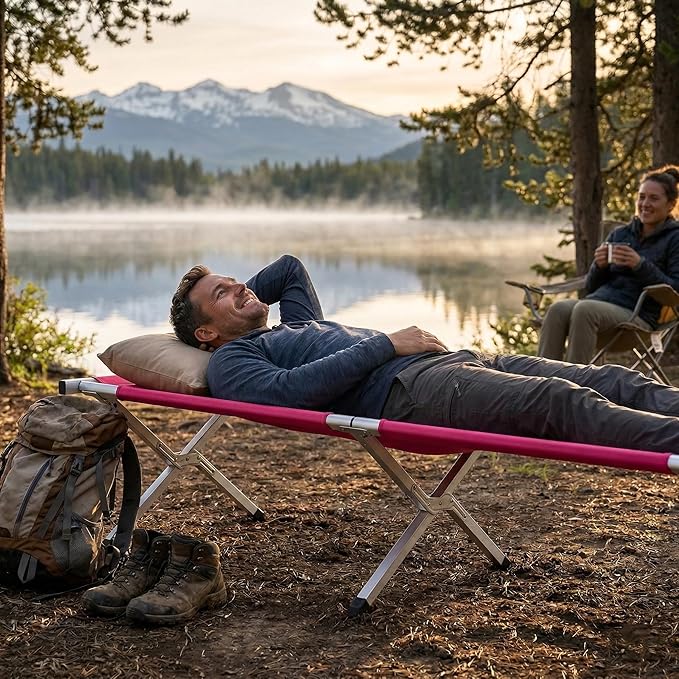 Portable Folding Camping Cot for Adults Heavy Duty Outdoor Sleeping Bed with 610D Oxford Cloth &amp Carry Bag Lightweight Aluminum Frame Supports 275lbs for Hiking Travel Office Nap (Pink)