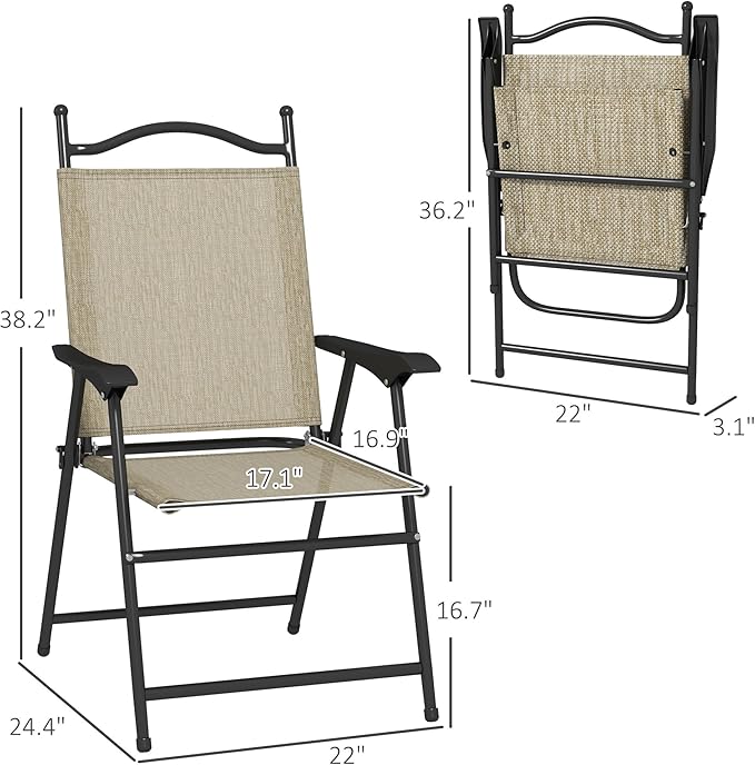Folding Patio Chairs Set of 4 Sports Chairs for Adults Camping Chairs with Armrests Breathable Mesh Fabric Seat for Lawn Beige
