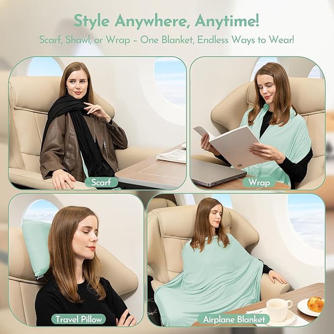 16-in-1 Compact Travel Blanket with Bag – Reversible Ultra Soft Bamboo Airplane Blanket with Hidden Pocket – Packable for Flights &amp Travel Essentials (Semi-Weighted Double Layer)