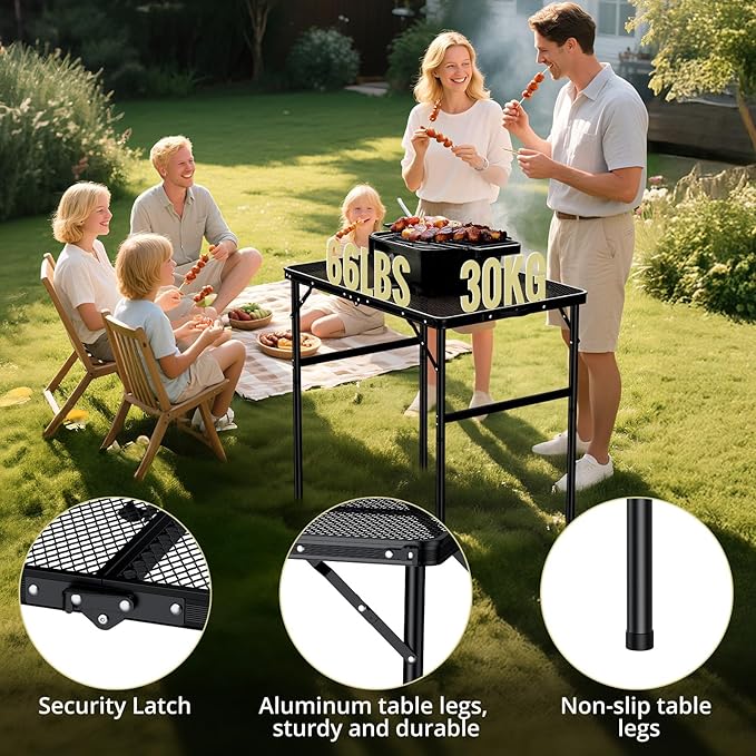 Anbte Portable Grill Table Max 29.5 2 Adjustable Heights Folding Camping Table with Heat-Resistant Mesh Tabletop &ampPortable Handle Waterproof for Cooking BBQ Outdoor Patio 31 X 22 Black