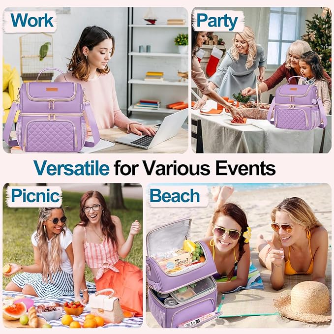 Lunch Bags for Women Dual Compartment Lunch Box Lunch Bag for Work Leakproof Lunch Cooler Large Insulated Lunchbox for Adult for Women Men Lunchbag for Picnic Beach (Purple)