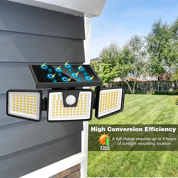 AmeriTop Solar Lights Outdoor 2 Pack LED High Brightness Cordless Solar Motion Sensor Lights 3 Adjustable Heads 270° Wide Angle Illumination IP65 Waterproof Security LED Wall Light(Daylight)