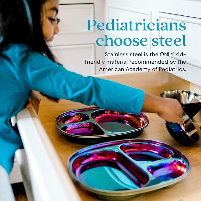 Ahimsa Stainless Steel Plates For Kids Pediatrician Designed Divided Plates for Toddlers &amp Baby Non Toxic Unbreakable &amp Dishwasher Safe Iridescent Blue Set of 4