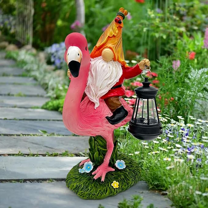 Gnomes Flamingo with Solar Lantern Whimsical Decor for Garden Yard Patio Lawn LED Lights - Unique Gift for Women Mom Friends(Red Gnomes)