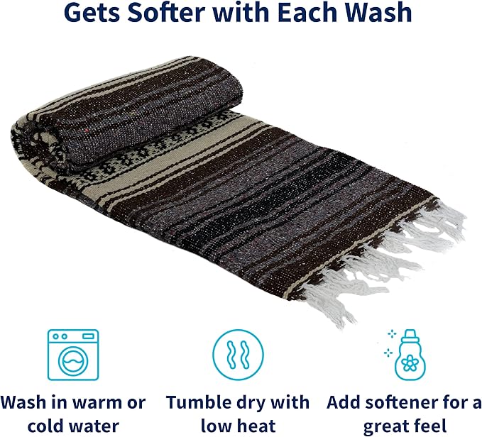 La Montana Mexican Blankets and Throws 4 Pack 74x50 - Made in Mexico Lightweight Yoga Blanket for Schools Studios Outdoors Camping Picnic Decor (Dark Brown/Tan/Charcoal)