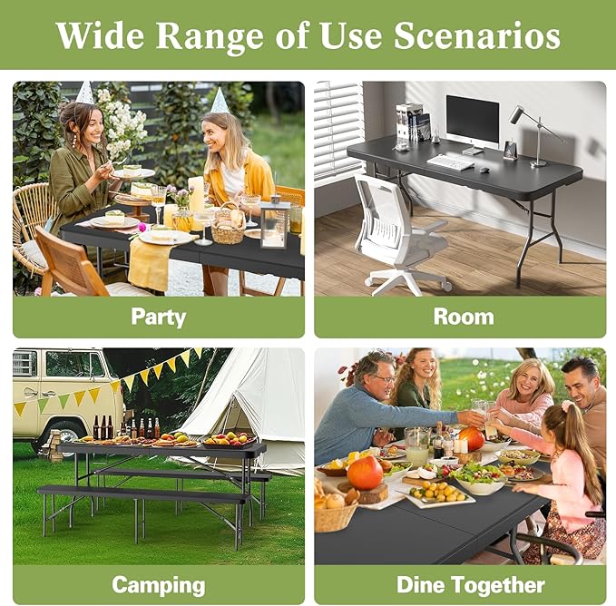 6ft Heavy-Duty Portable Outdoor Folding Table for 6 - Sturdy HDPE Top 350lbs Capacity Lockable Design No Assembly - Camping Parties Picnics (Black)