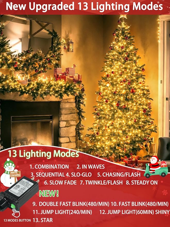 2-Pack 66FT 200 LED Christmas Lights 13 Modes Extendable Christmas Tree Lights with Timer &amp Memory Waterproof Twinkle Fairy Lights Green Wire Outdoor String Lights Indoor for Xmas Tree (Warm Whi