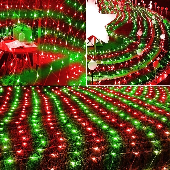WATERGLIDE Outdoor Christmas Net Lights 12FT x 5FT 360 LED Mesh String Light with 8 Lighting Mode Connectable Waterproof Lights for Garden Tree Bushes Holiday Wedding Party Decoration Red &amp Gr