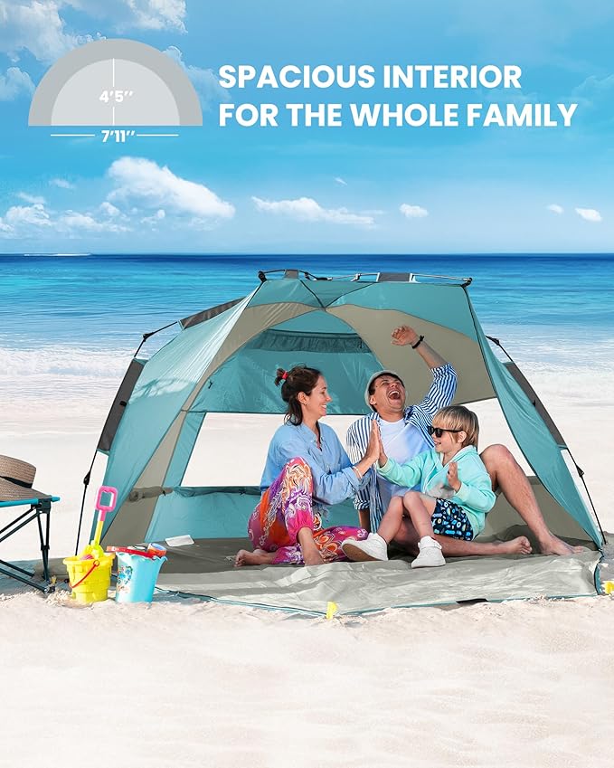 OutdoorMaster Beach Tent Sun Shelter for 3-4 Person Pop Up Beach Tent Easy Setup with Sandbags Portable Sun Shade Canopy with Carrying Bag for Beach &amp Outdoor UPF50+ UV Protection Family Size