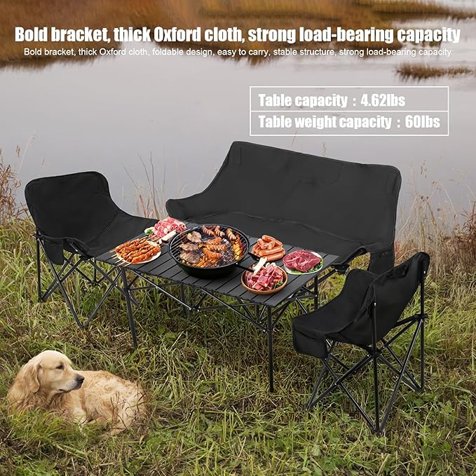 4Pcs Folding Table Chair Set with 1 Sofa 2 Single Chairs 1 Table Portable Lightweight Collapsible Tables and Chair for Outdoor Camping Hiking Travel Black