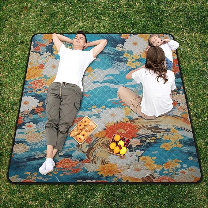 Japanese Foral Camping BlanketLightweight Waterproof Sandproof Beach Blanket Foldable Blankets for Outdoors Travel Picnics Beach 78 x 78 Inches