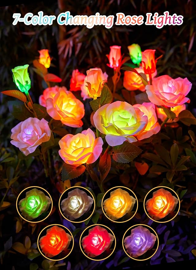 Brightown Outdoor Solar Flower Lights 4 Pack 7-Color Changing Solar Garden Lights with Larger &amp More Realistic Rose Bigger Solar Panel Waterproof Solar Lights for Yard Garden Lawn Pathway Decor