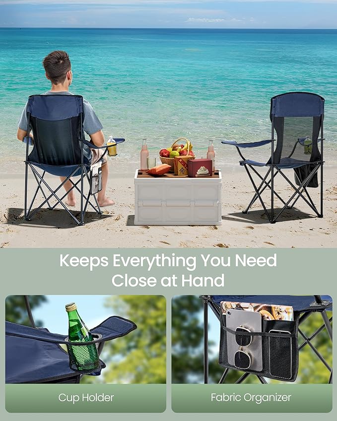 SONGMICS Breathable Camping Chairs Foldable Outdoor Chairs Set of 2 High Back Adjustable Armrests Drink Holder Weight Capacity 330 lb for Sports Garden Backyard Harbor Blue UGCB028Q01