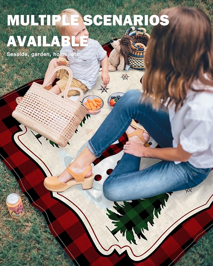 Beach Blanket Waterproof Sandproof OversizedCute Snowman with Scarf Hat Christmas Tree Beach Mat with Corner Stakes Sand PocketsWinter Snowflake Red Buffalo Plaid Picnic Mat for Travel 95x80In