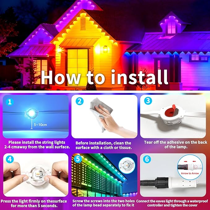100ft Permanent Outdoor LightRGB Eaves Lights with App Control RemoteDIY IP67 Waterproof Under Eave LightingOutside led Lights for ChristmasGardenHouse Decorations