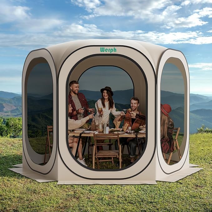 Screen Tent Pop-Up Portable Tent Canopy with Mesh Mosquito Net Screen House Room Canopy Shade Screen Houese 10x 10 FT with Carry Bag for Patio Backyard Sports &amp Outdoors Activities Beige