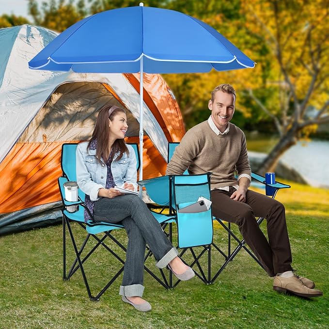 Double Camping Chair 2-Person Portable Beach Chair w/Removable Umbrella Cup Holders &amp Carrying Bag Folding Loveseat Chairs for Adults Outdoor Picnic (Turquoise)