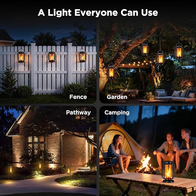 Hompavo Gen2 Solar Lanterns Outdoor Lights with Ultra-Real Flame 2 Charging (USB/Solar) &amp 2 Modes - Waterproof Decorative Hanging/Table Lights for Pathway Yard Patio Garden Decor Gifts for Women