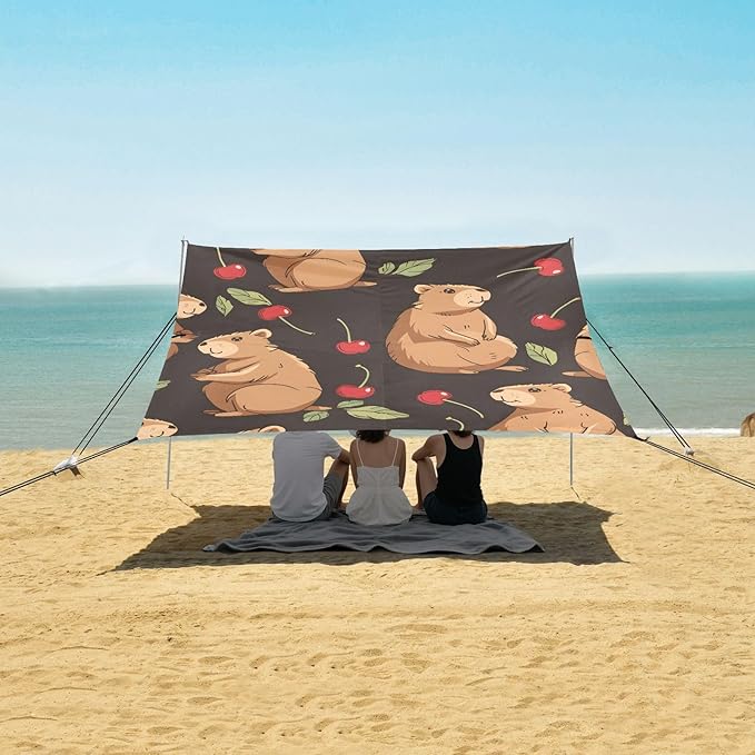 Capybaras and Cherry Camping Sun Shelter Beach Tent Portable Beach Sun Shade Outdoor Canopy for Camping Trips Fishing Picnic