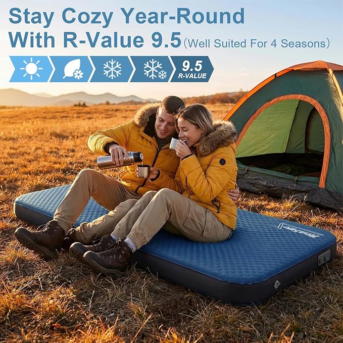 Self Inflating Sleeping Pad with Electric Pump  4 Ultra Thick memory foam camping mattress 9.5 R-Value Insulated Sleeping Mat Easy to Inflate &amp Deflate for Camping Car Travel Tent (SingleBlue)