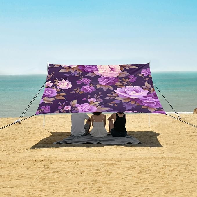 Purple Roses Beach Tent Sun Shelter 9.2' x 10.5' Beach Canopy with 4 Sandbags 4 Stability Poles Sand Shovels - Tent Canopy for Beach Camping Fishing Picnics