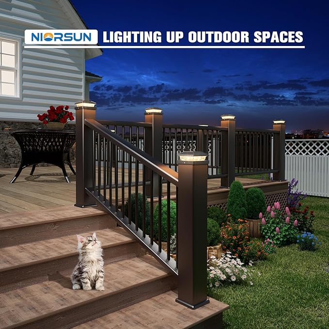 NIORSUN Solar Post Lights Outdoor Fence Post Solar Lights Warm White Waterproof Garden Patio Fence Deck Decor 4x4 Posts Cap Wood Vinyl Black 12 Pack