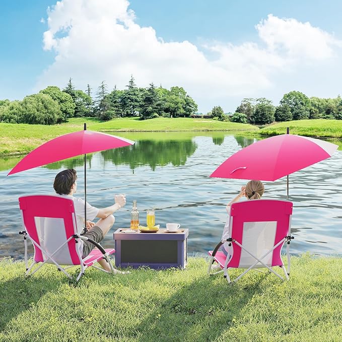 Goplus Beach Chair with Umbrella 2 Pack 330lbs Folding Backpack Chairs for Adults with Adjustable Parasol Comfy Armrest Breathable Seat Lightweight Portable Low Sand Chair for Lawn Camping