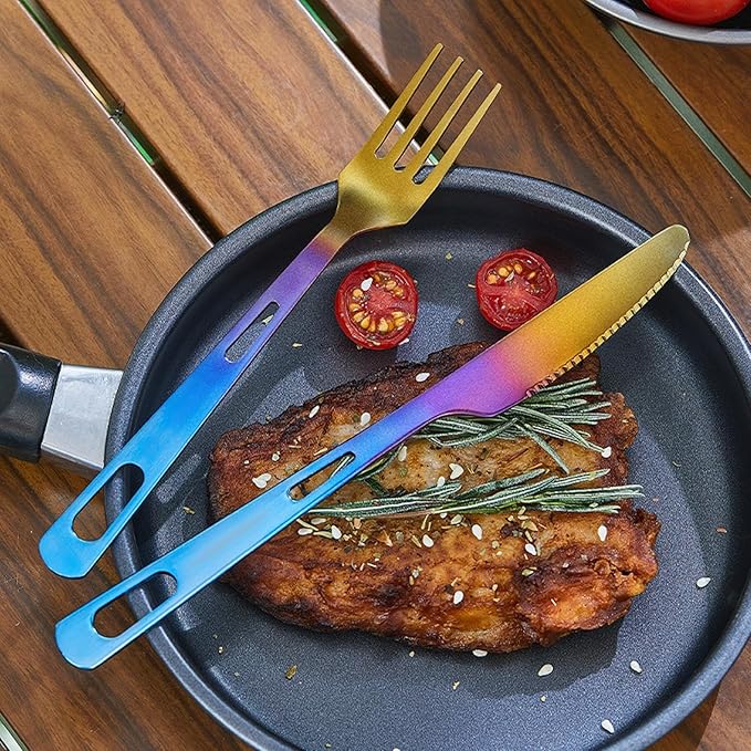 Titanium Cutlery Set Camping Utensils for Hiking &amp Travel 3-Piece Fork Spoon Knife Lightweight Portable Flatware Gradient Color Non-coating Dishwasher Safe RT142T (1 set)