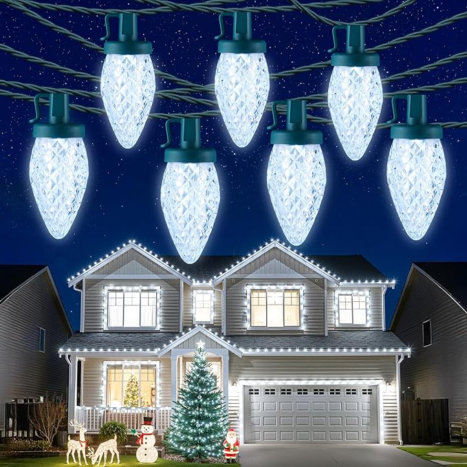 Minetom C9 LED Christmas Lights Outdoor 81FT 100 LED C9 String Lights Waterproof Connectable 8 Modes with Timer &amp Memory Function for Tree Home Yard Party Indoor Outside Cool White