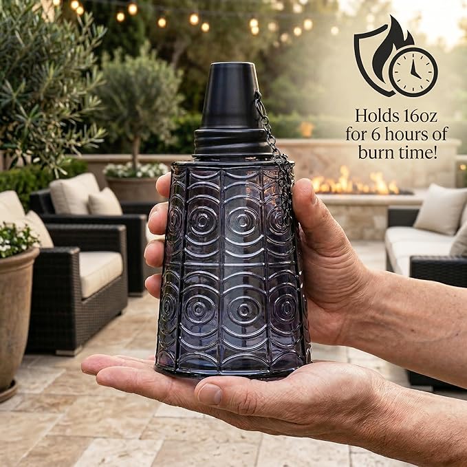 Seraphic Citronella Table Top Torches for Outdoor Patio 16oz Decorative Glass Torch Citronella Candles for Outside Deck Garden Parties Set of 3 Black